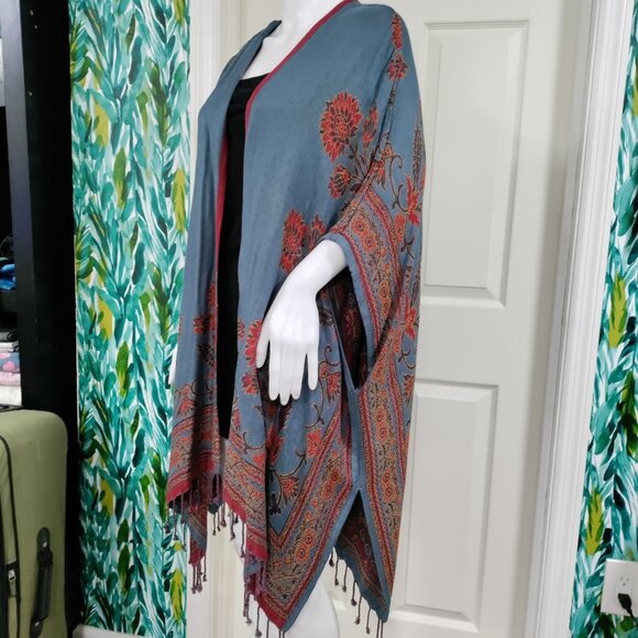Colleen Lopez Boho Lagenlook Woven Reversible Ruana Fringe Cardigan Shawl XL - Picture 5 of 13